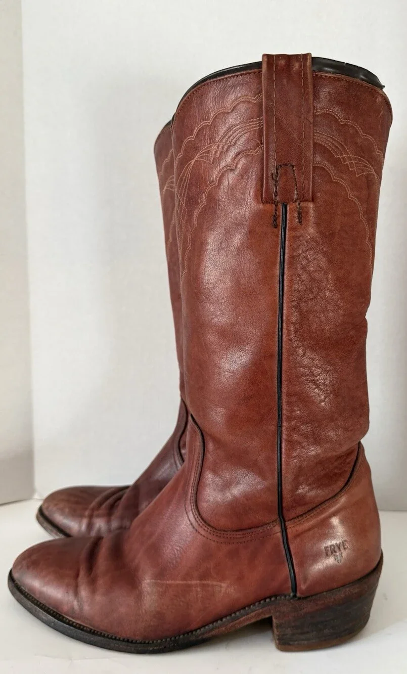 Vtg Frye Leather Cowboy Boots 3029 Brown Western Stitched USA 80s Sz 8.5 EE Wide